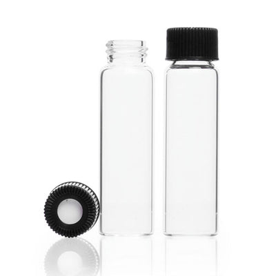 30119. VIAL VIDRIO CLARO 16ML C/TAPA ABIERTA DE POLIPROPILENO NEGRO C/SEPTA DE SILICON REVESTIDA DE TEFLON ROSCA 18-400 C/144 KIMBLE