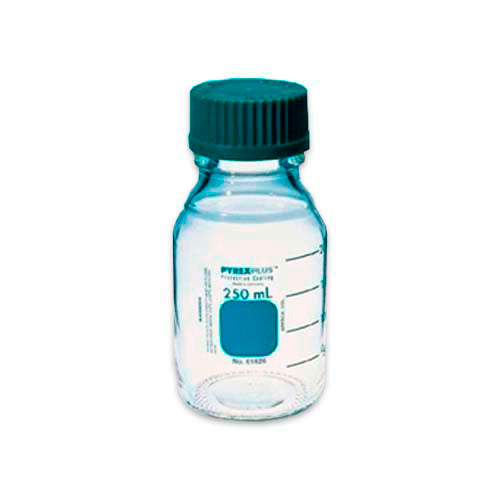 14995. FRASCO VIDRIO CLARO 250ML P/ALMACENAMIENTO DE MEDIOS C/TAPA DE ROSCA VERDE PLUS - PYREX PLUS
