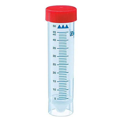 27204. TUBO DE POLIPROPILENO 50ML ROSCADO FONDO CONICO C/FALDON Y TAPON ROJO 115X28MM PAQUETE C/50 PIEZAS SARSTEDT
