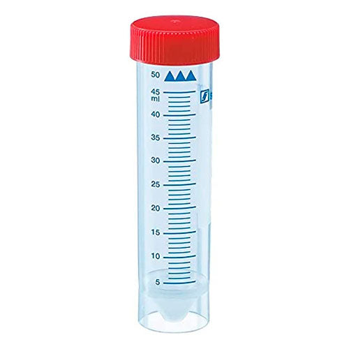 27204. TUBO DE POLIPROPILENO 50ML ROSCADO FONDO CONICO C/FALDON Y TAPON ROJO 115X28MM PAQUETE C/50 PIEZAS SARSTEDT