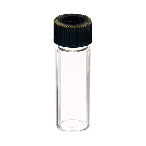 30284. VIAL DE VIDRIO CLARO 4 DRAM, 21X70MM ROSCA 18-400MM C/TAPA DE ORIFICIO ABIERTO DE POLIPROPILENO NEGRO Y REVESTIMIENTO DE TEFLON/SILICON C/100 FINNERAN