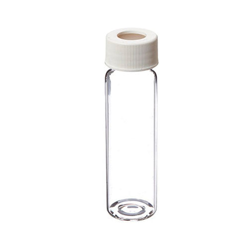 30293. VIAL VIDRIO CLARO 40ML C/CIERRE SUPERIOR ABIERTO DE POLIPROPILENO BLANCO 24-414MM Y REVESTIMIENTO DE TEFLON/SILICON C/72 FINNERAN