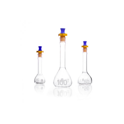 52372. MATRAZ VOLUMETRICO DE VIDRIO 20ML CLASE A, PARED REFORZADA, BOCA ANCHA, C/TAPON POLIETILENO KIMAX
