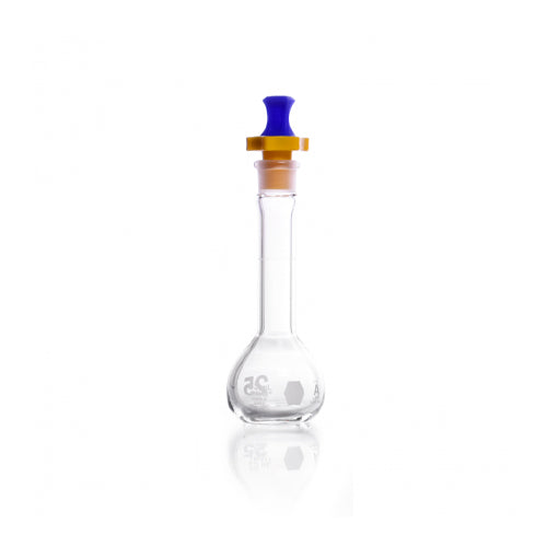 52371. MATRAZ VOLUMETRICO DE VIDRIO 25ML CLASE A, PARED REFORZADA, BOCA ANCHA C/TAPON POLIETILENO KIMAX