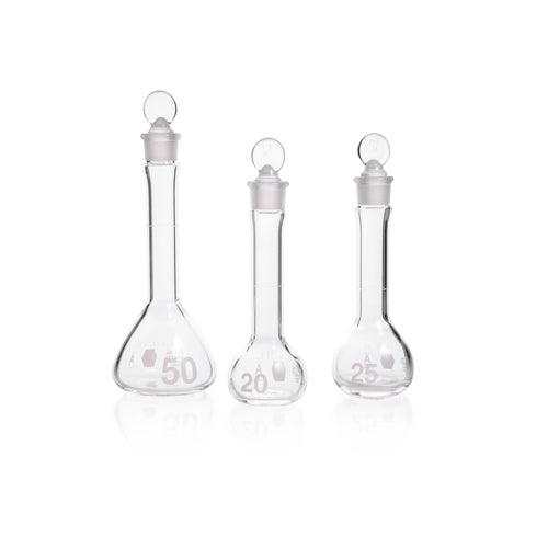 24188. MATRAZ VOLUMETRICO DE VIDRIO 200ML CLASE A, BOCA ANCHA C/TAPON DE VIDRIO PENNYHEAD KIMAX