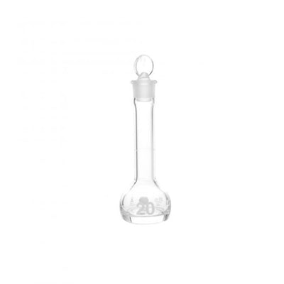 52367. MATRAZ VOLUMETRICO DE VIDRIO 20ML CLASE A C/TAPON DE VIDRIO CUELLO AFORADO Y DECORADO EN ESMALTE BLANCO - KIMAX