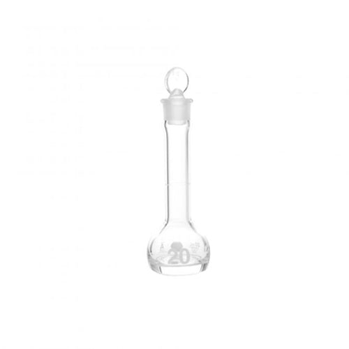 52367. MATRAZ VOLUMETRICO DE VIDRIO 20ML CLASE A C/TAPON DE VIDRIO CUELLO AFORADO Y DECORADO EN ESMALTE BLANCO - KIMAX