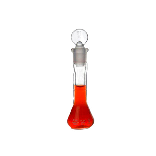 52365. MATRAZ VOLUMETRICO DE VIDRIO 5ML CLASE A BOCA ANCHA, TAPON DE POLIESTIRENO, CERTIFICADO INDIVIDUAL - KIMAX