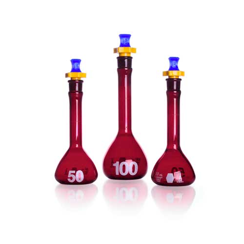 24191. MATRAZ VOLUMETRICO DE VIDRIO AMBAR 1000ML CLASE A, RAY-SORB, BOCA ANCHA C/TAPON DE POLIETILENO KIMAX