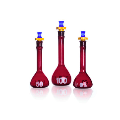 24192. MATRAZ VOLUMETRICO DE VIDRIO AMBAR 25ML CLASE A RAY-SORB, BOCA ANCHA C/TAPON DE POLIETILENO KIMAX