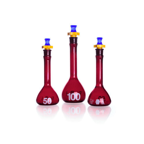 24192. MATRAZ VOLUMETRICO DE VIDRIO AMBAR 25ML CLASE A RAY-SORB, BOCA ANCHA C/TAPON DE POLIETILENO KIMAX