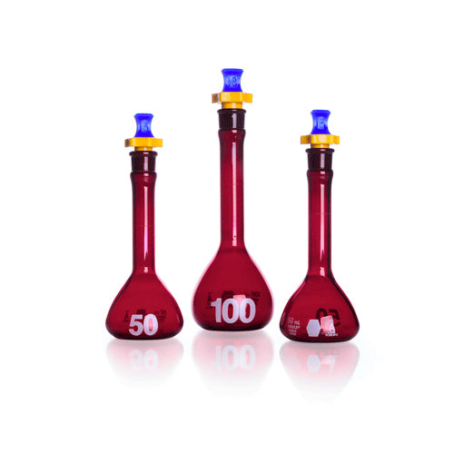 24193. MATRAZ VOLUMETRICO DE VIDRIO AMBAR 500ML CLASE A RAY-SORB, BOCA ANCHA C/TAPON DE POLIETILENO KIMAX