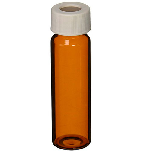 30288. VIAL VIDRIO AMBAR 60ML C/TAPA DE POLIPROPILENO BLANCO 24-414MM, CIERRE SUPERIOR ABIERTO C/REVESTIMIENTO DE TEFLON/SILICON PRELIMPIADO Y CERTIFICADO C/72 FINNERAN