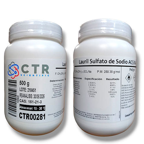 28571. LAURIL SULFATO DE SODIO (DODECIL SULFATO DE SODIO) RA PLASTICO 500GR CTR