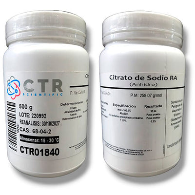 50308. CITRATO DE SODIO ANHIDRO RA PLASTICO 500GR CTR