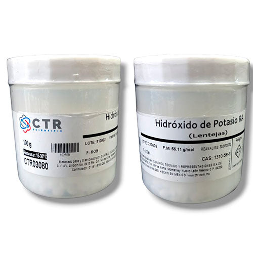 28569. HIDROXIDO DE POTASIO LENTEJAS RA PLASTICO 100GR (PAQUETE C/5 PIEZAS) CTR