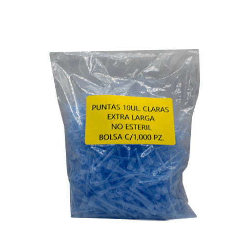 27630. PUNTAS 10UL CLARAS EXTRA LARGA NO ESTERIL BOLSA C/1000 PIEZAS