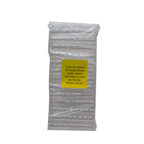 27641. TUBO DE ENSAYE DE POLIESTIRENO 14ML FONDO REDONDO S/TAPA NO ESTERIL C/25 PIEZAS CTR