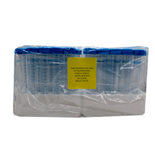 27642. TUBO P/CENTRIFUGA 15ML DE POLIPROPILENO FONDO CONICO C/ TAPON DE ROSCA NO ESTERIL C/50