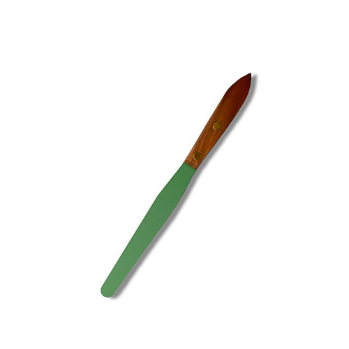 23090. ESPATULA DE ACERO INOXIDABLE, 10.2CM LARGO, MANGO DE MADERA, RECUBIERTA DE TEFLON, ESTILO HAYMAN SAINT GOBAIN