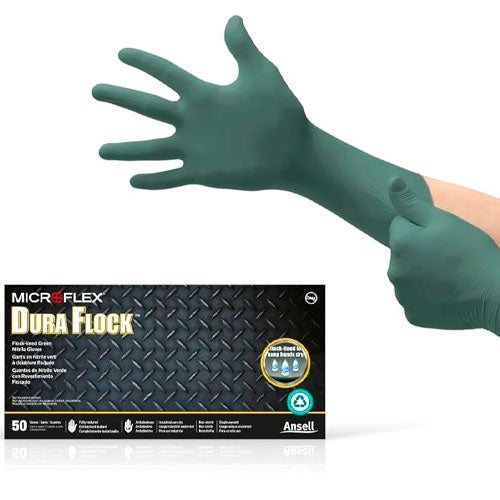 51988. GUANTES DE NITRILO VERDE 8MIL, PUÑO EXTENDIDO DURA FLOCK TALLA GRANDE C/50 - MICROFLEX