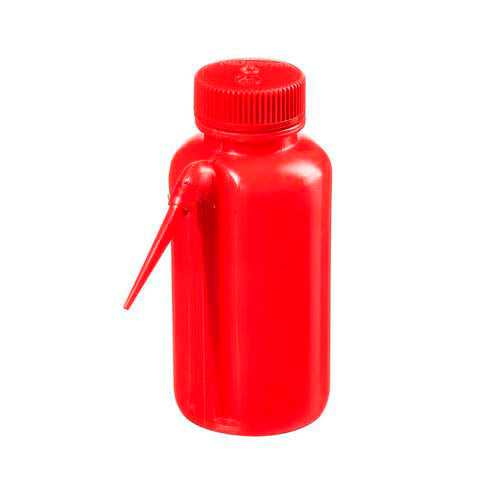 13901. PIZETA (FRASCO LAVADOR) 250ML BOCA ANCHA SALIDA LATERAL, POLIETILENO BAJA DENSIDAD ROJO C/TAPON DE ROSCA DE POLIPROPILENO ROJO NALGENE