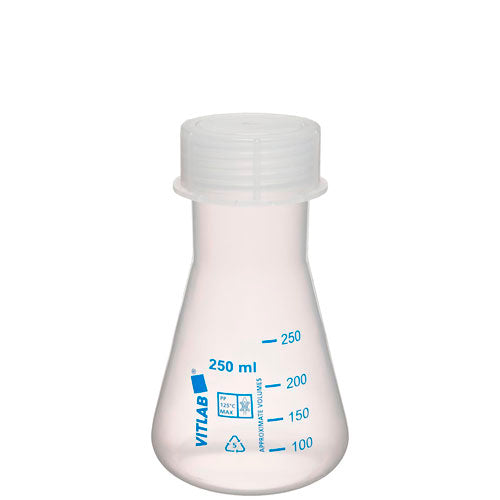 23797. MATRAZ ERLENMEYER DE PLASTICO 250ML BOCA ANCHA GRADUADO C/TAPON DE ROSCA, AUTOCLAVABLE, 341485 DYNALON