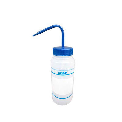 22204.  PIZETA (FRASCO LAVADOR) 500ML JABON, BOCA ANCHA SALIDA SUPERIOR C/TAPA AZUL, LDPE BEL-ART