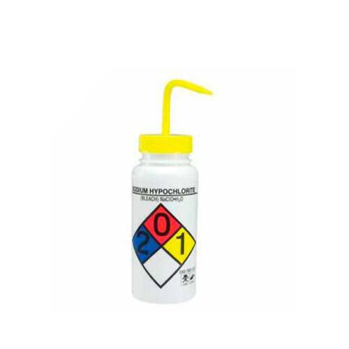22206.  PIZETA (FRASCO LAVADOR) 500ML HIPOCLORITO DE SODIO, BOCA ANCHA, SALIDA SUPERIOR C/TAPA AMARILLA, LDPE BEL-ART