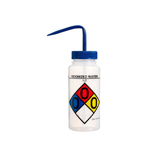 22207.  PIZETA (FRASCO LAVADOR) 500ML AGUA DESIONIZADA, BOCA ANCHA SALIDA SUPERIOR C/TAPA AZUL, LDPE BEL-ART