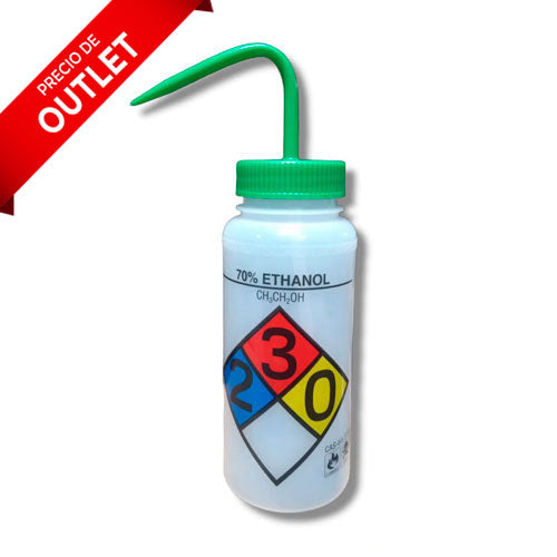 23708. PIZETA (FRASCO LAVADOR) 500ML ETANOL AL 70%, BOCA ANCHA SALIDA SUPERIOR C/TAPA VERDE, ETIQUETA 4 COLORES, LDPE BEL-ART