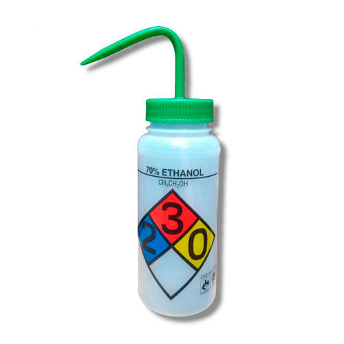 23708. PIZETA (FRASCO LAVADOR) 500ML ETANOL AL 70%, BOCA ANCHA SALIDA SUPERIOR C/TAPA VERDE, ETIQUETA 4 COLORES, LDPE BEL-ART