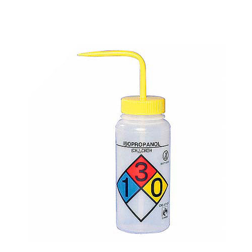 22202.  PIZETA (FRASCO LAVADOR) 500ML ISOPROPANOL, BOCA ANCHA SALIDA SUPERIOR C/TAPA AMARILLA Y VENTILACION, ETIQUETA 4 COLORES, LDPE BEL-ART