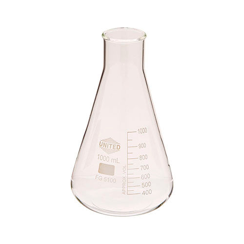 22831. MATRAZ ERLENMEYER DE VIDRIO 1LT BOCA ANCHA UNITED SCIENTIFIC