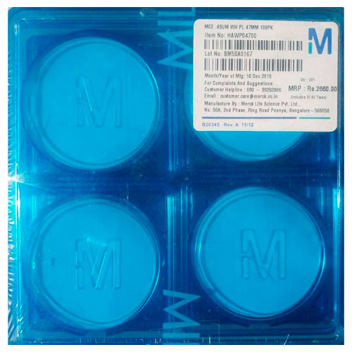 51357. MEMBRANA FILTRANTE ESTERES MEZCLADOS DE CELULOSA 47MM, 0.45UM HIDROFILA BLANCA SUPERFICIE BLANCA C/100 - MILLIPORE