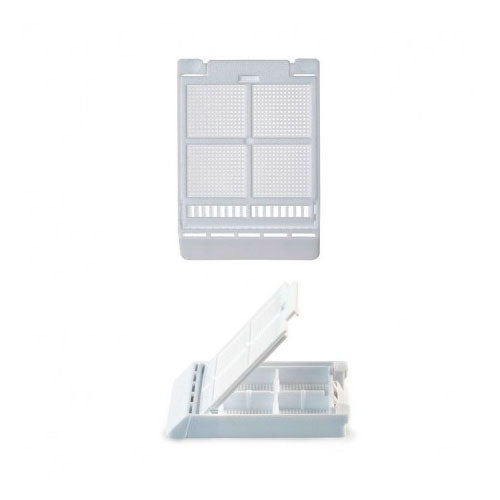 52209. CASSETTE P/INCLUSION DE TEJIDOS P/PROCESAMIENTO DE BIOPSIA MICROMESH C/AREA DE ESCRITURA A 45° Y 4 COMPARTIMIENTOS DE ACETAL BLANCO C/TAPA C/250 - SIMPORT
