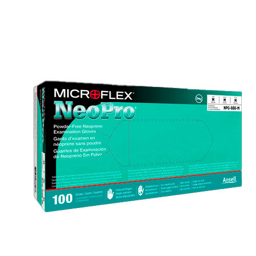 23766. GUANTES DE NEOPRENO VERDE SIN POLVO, DEDOS TEXTURIZADOS NEOPRO TALLA EXTRACHICA PAQUETE C/100 PIEZAS MICROFLEX
