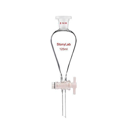 18501. EMBUDO DE SEPARACION DE VIDRIO 125ML FORMA PERA C/LLAVE DE TEFLON Y TAPON DE PLASTICO - UNITED SCIENTIFIC