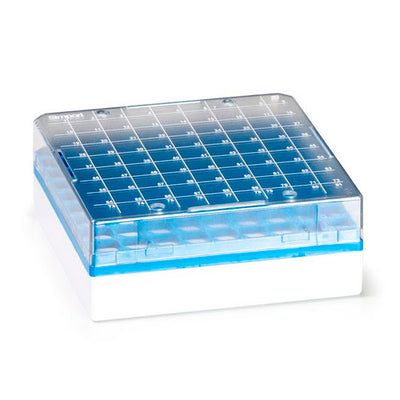 30873. CAJA DE ALMACENAMIENTO P/81 VIALES CRIOGENICOS 1-2ML CRYOSTORE DE POLICARBONATO COLOR AZUL C/TAPA TRANSPARENTE C/CUADRICULA NUMERICA IMPRESA C/4 SIMPORT