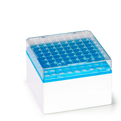 24749. CAJA DE ALMACENAMIENTO P/81 LUGARES 3-5ML, DE POLICARBONATO AZUL CRYOSTORE PAQUETE C/5 PIEZAS SIMPORT