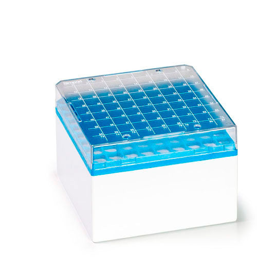24749. CAJA DE ALMACENAMIENTO P/81 LUGARES 3-5ML, DE POLICARBONATO AZUL CRYOSTORE PAQUETE C/5 PIEZAS SIMPORT