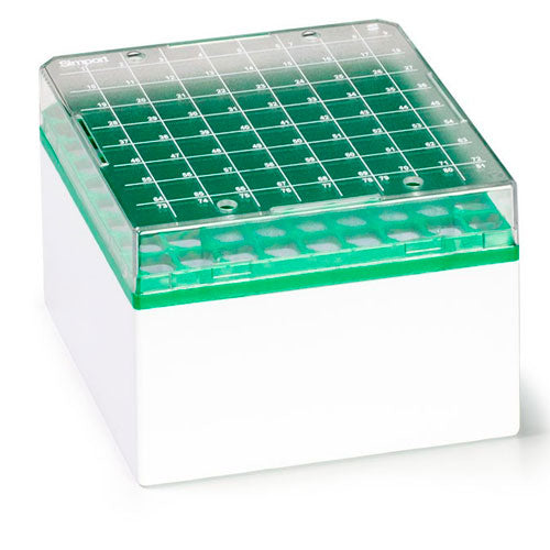30874. CAJAS DE ALMACENAMIENTO P/81 VIALES CRIOGENICOS 3-5ML CRYOSTORE DE POLICARBONATO VERDE C/TAPA TRANSPARENTE C/CUADRICULA NUMERICA IMPRESA C/5 SIMPORT
