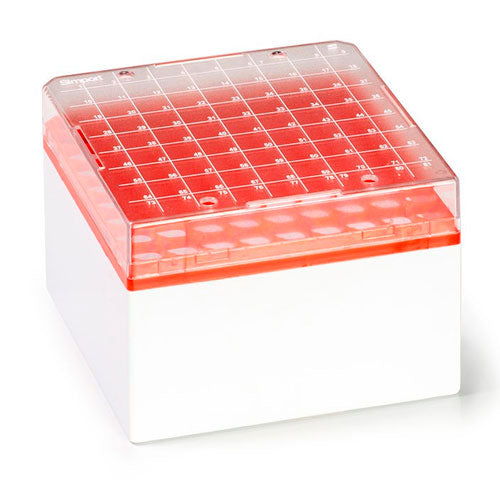 30875. CAJAS DE ALMACENAMIENTO P/81 VIALES CRIOGENICOS 3-5ML CRYOSTORE DE POLICARBONATO ROJO C/TAPA TRANSPARENTE C/CUADRICULA NUMERICA IMPRESA C/5 SIMPORT