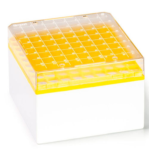 30876. CAJAS DE ALMACENAMIENTO P/81 VIALES CRIOGENICOS 3-5ML CRYOSTORE DE POLICARBONATO AMARILLO C/TAPA TRANSPARENTE C/CUADRICULA NUMERICA IMPRESA C/5 SIMPORT