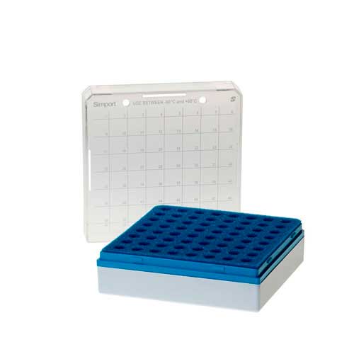 24751. CAJA DE ALMACENAMIENTO P/64 TUBOS DE MICROCENTRIFUGA, POLIESTIRENO ALTO IMPACTO C/TAPA TRANSPARENTE PAQUETE C/4 PIEZAS SIMPORT