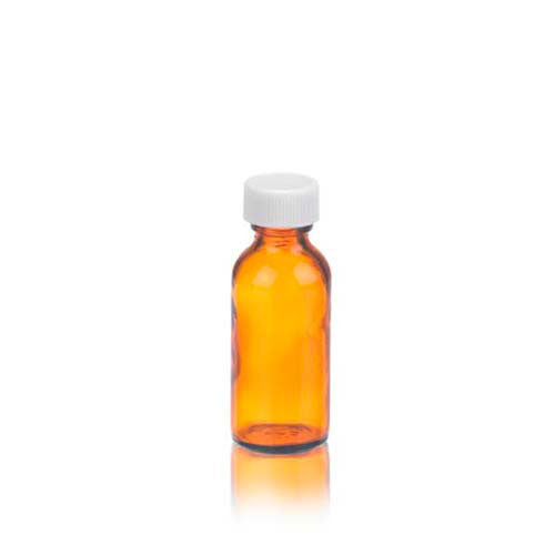 17402. FRASCO DE VIDRIO AMBAR 29ML (1OZ) BOCA ANGOSTA C/TAPA DE POLIPROPILENO BLANCA Y REVESTIMIENTO DE POLIVINILO PAQUETE C/10 PIEZAS -  WHEATON