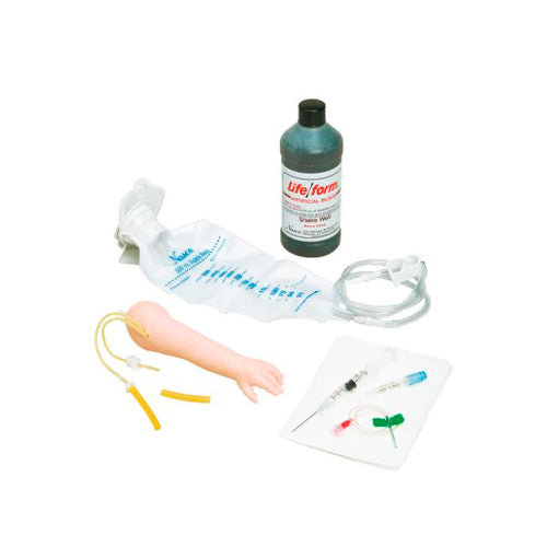52731. MODELO DE BRAZO IV INFANTIL C/CONDUCTOS DE GOMA CALIBRE PEQUEÑO Y PAREDES FINAS C/2 BOLSAS IV C/PINZAS, 1 PINTA DE SANGRE ARTIFICIAL Y EQUIPO DE INFUSION TIPO MARIPOSA LIFE/FORM