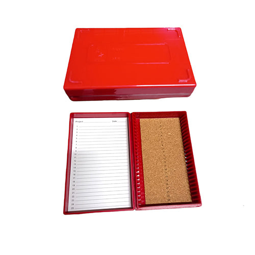 13311. CAJA P/25 LAMINILLAS DE PLASTICO ABS ROJO C/INTERIOR DE CORCHO, TARJETA DE IDENTIFICACION NUMERADA C/BROCHE - HEATHROW