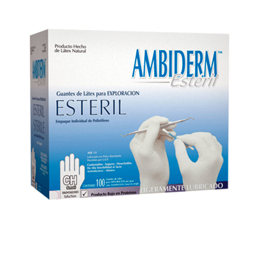 11952. GUANTES DE LATEX NATURAL DESECHABLE ESTERIL CLASICO TALLA MEDIANA PAQUETE C/100 PIEZAS - AMBIDERM