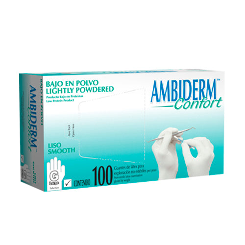 10513. GUANTES DE LATEX NATURAL BAJO EN POLVO CONFORT NO ESTERIL TALLA GRANDE PAQUETE C/100 PIEZAS - AMBIDERM